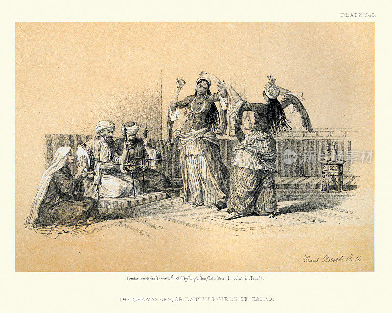 Ghawazi, Ghawazees，或埃及开罗的舞蹈女孩，传统的埃及舞者，维多利亚19世纪由大卫罗伯茨